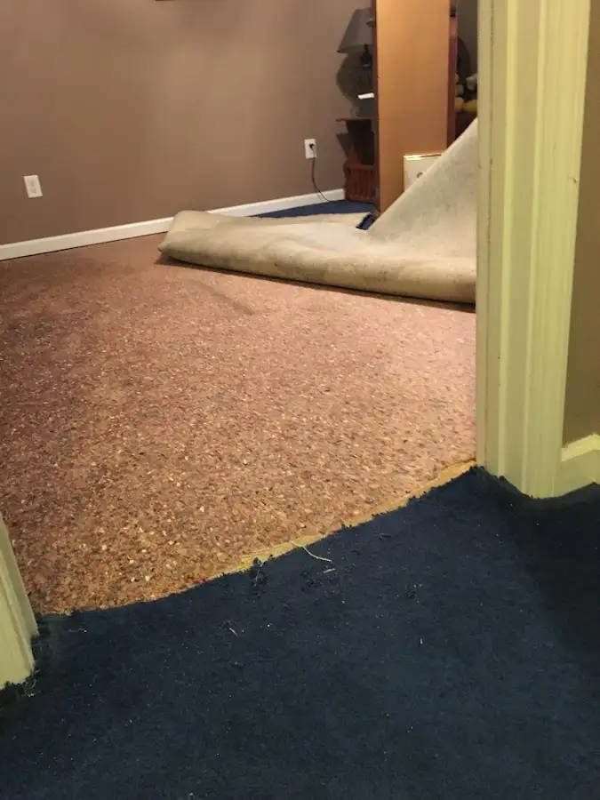 Carpet pad removal revealing water damage during Water Mitigation Services in Racine